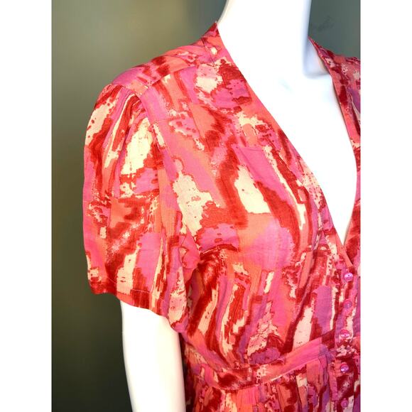 BA&SH Talita Printed Mini Dress Pink Red Short Sleeve Cotton Blend Size Large - Picture 5 of 13